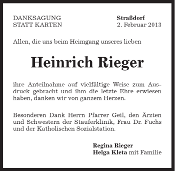 Traueranzeige von Heinrich Rieger von Gmünder Tagespost