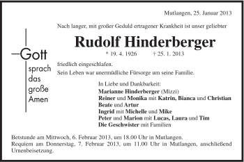 Traueranzeige von Rudolf Hinderberger von Gmünder Tagespost