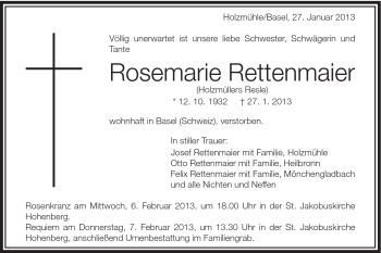 Traueranzeige von Rosemarie Rettenmaier von Schwäbische Post