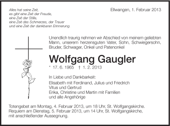 Traueranzeige von Wolfgang Gaugler von Schwäbische Post
