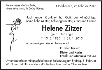 Traueranzeige von Helene Zitzer von Schwäbische Post