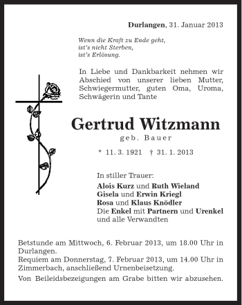 Traueranzeige von Gertrud Witzmann von Gmünder Tagespost
