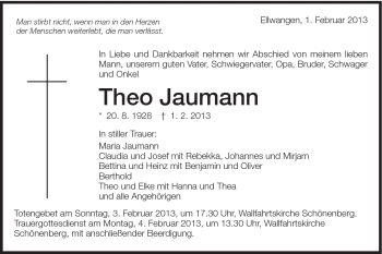 Traueranzeige von Theo Jaumann von Schwäbische Post