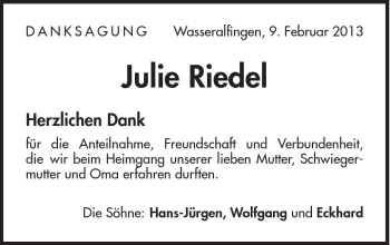 Traueranzeige von Julie Riedel von Schwäbische Post