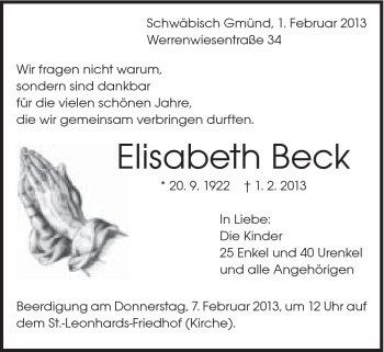 Traueranzeige von Elisabeth Beck von Gmünder Tagespost
