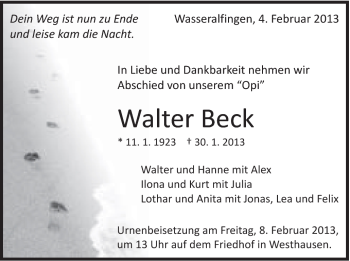 Traueranzeige von Walter Beck von Schwäbische Post