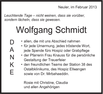 Traueranzeige von Wolfgang Schmidt von Schwäbische Post