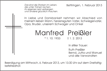 Traueranzeige von Manfred Preißler von Gmünder Tagespost