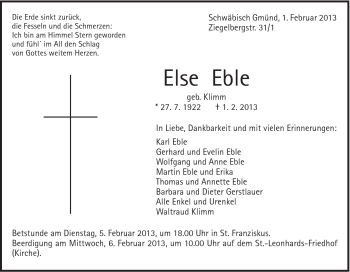 Traueranzeige von Else Eble von Gmünder Tagespost