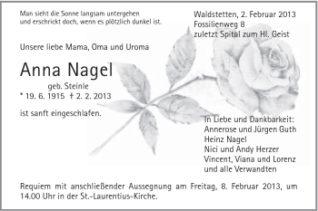 Traueranzeige von Anna Nagel von Gmünder Tagespost