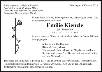 Traueranzeige von Emilie Kienzle von Gmünder Tagespost