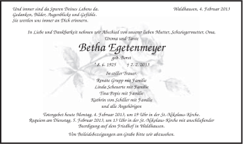 Traueranzeige von Betha Egetenmeyer von Schwäbische Post