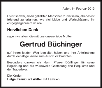 Traueranzeige von Gertrud Büchinger von Schwäbische Post