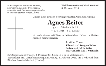 Traueranzeige von Agnes Reiter von Gmünder Tagespost