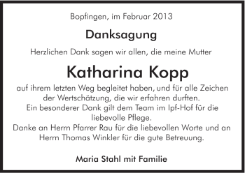 Traueranzeige von Katharina Kopp von 082