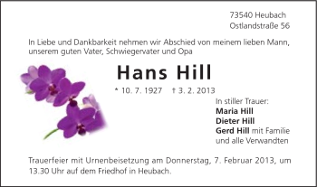 Traueranzeige von Hans Hill von Gmünder Tagespost