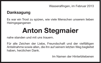 Traueranzeige von Anton Stegmaier von Schwäbische Post