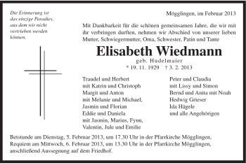 Traueranzeige von Elisabeth Wiedmann von Gmünder Tagespost