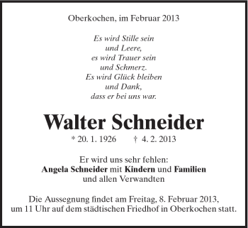 Traueranzeige von Walter Schneider von Schwäbische Post