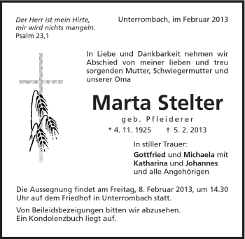 Traueranzeige von Marta Stelter von Schwäbische Post