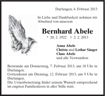 Traueranzeige von Bernhard Abele von Gmünder Tagespost