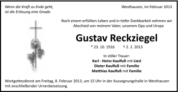 Traueranzeige von Gustav Reckziegel von Schwäbische Post