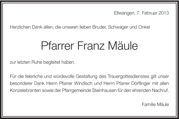Traueranzeige von Franz Mäule von Schwäbische Post