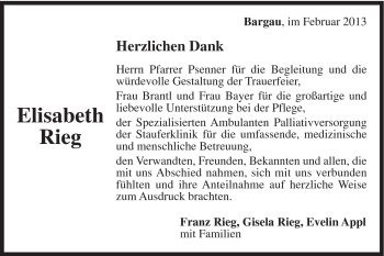 Traueranzeige von Elisabeth Rieg von Gmünder Tagespost