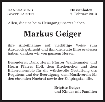 Traueranzeige von Markus Geiger von Gmünder Tagespost