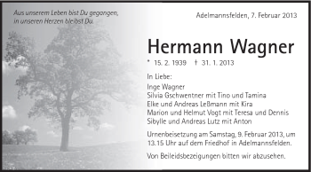 Traueranzeige von Hermann Wagner von Schwäbische Post