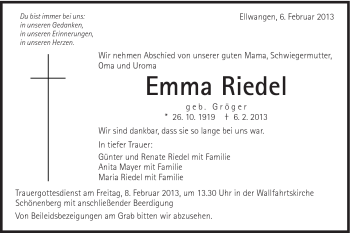 Traueranzeige von Emma Riedel von Schwäbische Post