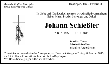 Traueranzeige von Johann Schießler von Schwäbische Post