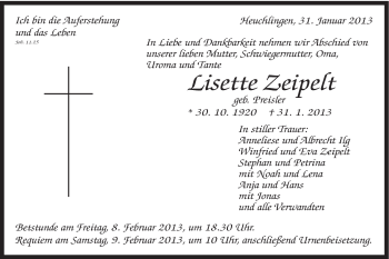 Traueranzeige von Lisette Zeipelt von Gmünder Tagespost