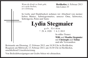 Traueranzeige von Lydia Stregmaier von Gmünder Tagespost