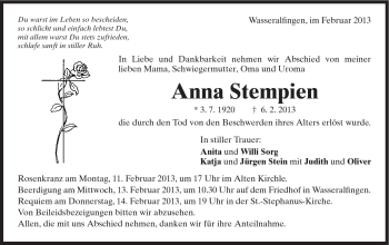 Traueranzeige von Anna Stempien von Schwäbische Post