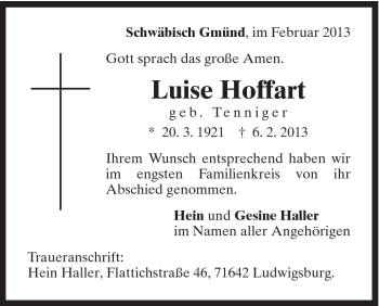 Traueranzeige von Luise Hoffart von Gmünder Tagespost
