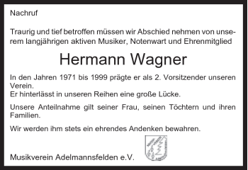Traueranzeige von Hermann Wagner von Schwäbische Post