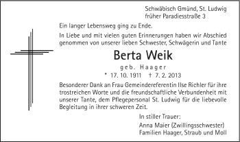 Traueranzeige von Berta Weik von Gmünder Tagespost