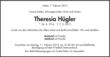 Traueranzeige von Theresia Hügler von Schwäbische Post