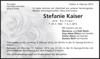 Traueranzeige von Stefanie Kaiser von Schwäbische Post