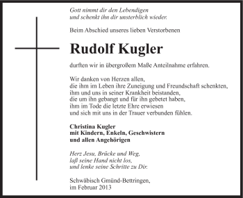 Traueranzeige von Rudolf Kugler von Gmünder Tagespost