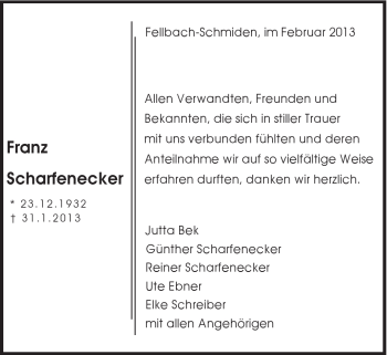 Traueranzeige von Franz Scharfenecker von Schwäbische Post