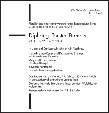 Traueranzeige von Torsten Brenner von Schwäbische Post