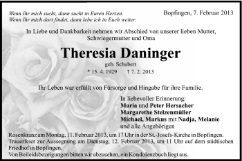 Traueranzeige von Theresia Daninger von Schwäbische Post