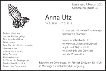 Traueranzeige von Anna Utz von Gmünder Tagespost