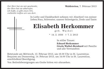 Traueranzeige von Elisabeth Herkommer von Gmünder Tagespost