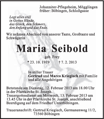 Traueranzeige von Maria Seibold von Gmünder Tagespost