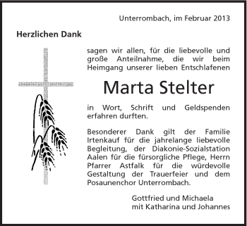 Traueranzeige von Marta Stelter von Schwäbische Post