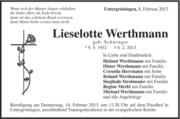 Traueranzeige von Lieselotte Werthmann von Gmünder Tagespost