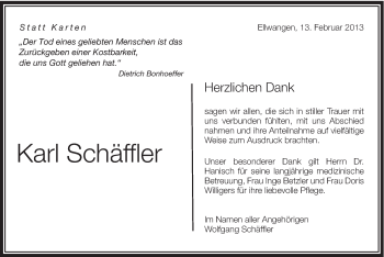 Traueranzeige von Karl Schäffler von Schwäbische Post